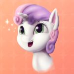  2018 cute equine eyebrows eyelashes female feral friendship_is_magic green_eyes hair headshot_portrait horn mammal multicolored_hair my_little_pony open_mouth open_smile orange_background pink_hair portrait purple_hair short_hair simple_background smile solo sparkles starkdust sweetie_belle_(mlp) teeth tongue two_tone_hair unicorn young 