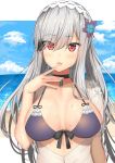  :d azur_lane beach bikini bikini_top black_bikini_top blue_sky body_mahattaya_ginga breasts choker commentary_request day dunkerque_(azur_lane) eyebrows_visible_through_hair finger_to_mouth front-tie_bikini front-tie_top hairband hand_to_own_mouth horizon large_breasts lolita_hairband long_hair looking_at_viewer open_clothes open_mouth open_shirt outdoors red_eyes ribbon_trim see-through sidelocks silver_hair sky smile solo sweat swimsuit upper_body 