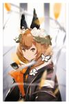  animal_ears black_jacket blurry blurry_foreground bright_pupils brown_eyes brown_hair bug butterfly closed_mouth depth_of_field flower hair_flower hair_ornament highres insect jacket lavender_quartz looking_at_viewer medium_hair rose so-bin solo torabishi_lana white_flower white_rose 