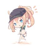  :&lt; ahoge arm_up artoria_pendragon_(all) bangs bare_legs barefoot beni_shake bikini black_hat blonde_hair blue_eyes blue_jacket blush_stickers chibi commentary_request eyebrows_visible_through_hair fate/grand_order fate_(series) flat_cap hair_between_eyes hair_through_headwear hat head_tilt jacket long_hair mysterious_heroine_xx_(foreigner) parted_lips ponytail puffy_short_sleeves puffy_sleeves short_sleeves shrug_(clothing) side-tie_bikini solo standing standing_on_one_leg swimsuit triangle_mouth white_background white_bikini 