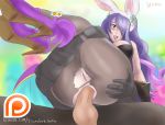  1boy 1girl anal anal_sex animal_ears anus ass_grab black_gloves blush breasts bunny_ears bunny_suit camilla_(fire_emblem_if) clothed_sex fake_animal_ears fire_emblem fire_emblem_heroes fire_emblem_if glazen gloves grabbing high_heels intelligent_systems leotard lips nintendo pants penis purple_eyes purple_hair purple_high_heels pussy scarf sex stockings testicles thigh_grab thighs tongue torn_clothes torn_stockings 