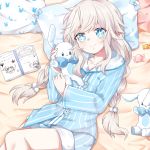  alternate_costume bangs blue_eyes book braid candy elsword eyebrows food heart low_twintails luciela_r._sourcream lying pajamas pohao pointy_ears smile stuffed_animal stuffed_toy symbol-shaped_pupils twintails white_hair 