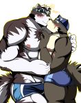  2017 abs anthro bearlovestiger13 blush canine claws clothed clothing dog duo eyes_closed horkeukamui kissing male male/male mammal moritaka muscular muscular_male nipples pecs tokyo_afterschool_summoners topless underwear wolf 