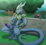  armor balls big_penis blue_scales clothed clothing darknesshaven dragon emeraldwing grin highborn horn male masturbation outside partially_clothed penis pose presenting presenting_penis scales scalie smile voyeur 