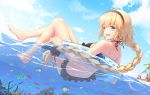  2girls afloat ahoge bangs bare_legs bare_shoulders barefoot beach beach_umbrella bikini bird black_bikini blonde_hair blue_eyes braid breasts cloud cloudy_sky dated day dutch_angle fate/grand_order fate_(series) fish floral_print from_behind hairband highres innertube jeanne_d'arc_(alter_swimsuit_berserker) jeanne_d'arc_(fate)_(all) jeanne_d'arc_(swimsuit_archer) lens_flare long_hair looking_at_viewer looking_back multiple_girls ocean open_mouth palm_tree partially_submerged partially_underwater_shot shenhai_(2556146833) signature single_braid sky smile swimsuit teeth tree umbrella very_long_hair wet wet_hair 