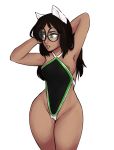  animal_humanoid areola areola_slip black_hair breasts camel_toe canine canine_humanoid clothed clothing dark_skin dog_humanoid eyewear female front_view glasses green_eyes hair hands_behind_head homestuck humanoid jade_harley looking_away mammal ms_paint_adventures one-piece_swimsuit pinup portrait pose rainbowsprinklesart simple_background solo standing swimsuit three-quarter_portrait white_background 