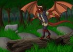  anthro clothed clothing dragon emeraldwing forest fully_clothed highborn horn male outside red_scales scales scalie tree wings young 