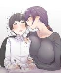  1boy 1girl age_difference bakuya black_hair blush breasts collared_shirt kiss large_breasts long_hair milf original ponytail purple_hair shirt short_hair shota smile 