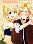  1girl :d arms_around_neck bangs bare_arms bare_shoulders black_tank_top blonde_hair blue_eyes blush checkered checkered_background cowboy_shot earrings edward_elric embarrassed eyebrows_visible_through_hair eyelashes fingernails fullmetal_alchemist gloves happy heart jewelry long_hair looking_at_another nervous open_mouth ponytail smile sweatdrop tank_top teeth tsukuda0310 twitter_username upper_body white_gloves winry_rockbell yellow_eyes 