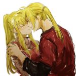  1girl antenna_hair apron bangs black_sleeves blonde_hair blush closed_eyes couple earrings edward_elric eyebrows_visible_through_hair fullmetal_alchemist half-closed_eyes hand_on_another's_shoulder hetero imminent_kiss jewelry long_hair long_sleeves nervous ponytail profile red_shirt shirt simple_background sweatdrop sweater tsukuda0310 turtleneck turtleneck_sweater upper_body white_background winry_rockbell 
