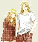  1girl blonde_hair blush borrowed_garments breasts checkered closed_eyes cowboy_shot edward_elric eyebrows_visible_through_hair fingernails fullmetal_alchemist grey_background hand_in_pocket height_difference long_hair long_sleeves messy_hair no_pants pajamas saliva shirt simple_background sleepy standing thighs tsukuda0310 unmoving_pattern upper_body white_shirt winry_rockbell 