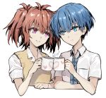  akuma_no_riddle azuma_tokaku blue_eyes blue_hair cup ichinose_haru minakata_sunao mug multiple_girls necktie purple_eyes red_hair school_uniform short_hair smile sweater_vest twintails upper_body white_background yuri 