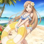  :d arm_strap asuna_(sao) beach bikini blue_bikini blue_bow blue_sky blush bow bracelet breasts brown_eyes brown_hair cleavage day floating_hair flower frilled_bikini frills hair_flower hair_ornament hibiscus holding holding_innertube innertube jewelry jpeg_artifacts long_hair looking_at_viewer medium_breasts ocean official_art open_mouth outdoors palm_tree pink_flower red_flower shiny sky smile solo standing swimsuit sword_art_online transparent tree very_long_hair 