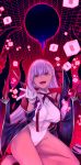  :d absurdres bb_(fate)_(all) bb_(swimsuit_mooncancer)_(fate) black_sun coat covered_navel cube evil_smile fate/grand_order fate_(series) gloves hair_ribbon high_collar highres huge_filesize long_hair nishimi_shin open_mouth purple_hair red_eyes red_footwear ribbon smile solo sun swimsuit tan teeth v-shaped_eyebrows very_long_hair white_gloves 