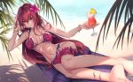  barefoot beach bikini breasts drink fate/grand_order fate_(series) jpeg_artifacts parfaitlate purple_hair red_eyes scathach_(fate/grand_order) swimsuit water 
