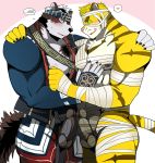  &lt;3 2018 5_fingers anthro balls bearlovestiger13 black_nose blush bulge canine claws duo feline fur horkeukamui male male/male mammal muscular muscular_male pecs penis pink_nose striped_fur stripes tiger tokyo_afterschool_summoners tongue tongue_out wolf 