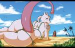  2018 anthro anus beach bikini blush breasts butt clothing detailed_background female legendary_pok&eacute;mon looking_back lying mammal mcfli mewtwo nintendo pok&eacute;mon pok&eacute;mon_(species) purple_eyes pussy raised_tail rear_view seaside solo sweat swimsuit thick_tail video_games 