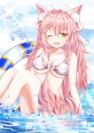  ;d animal_ears bangs bikini blue_sky bow breasts brown_eyes cleavage cloud commentary_request covered_nipples day eyebrows_visible_through_hair fang fate/extra fate_(series) fox_ears fox_girl fox_tail hair_between_eyes hair_bow highres innertube long_hair looking_at_viewer medium_breasts mutang one_eye_closed open_mouth outdoors pink_hair sitting sky smile solo striped striped_innertube swimsuit tail tamamo_(fate)_(all) tamamo_no_mae_(fate) transparent very_long_hair water white_bikini white_bow 