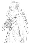  absurdres bouquet breasts closed_mouth dress flower greyscale haohi_(less) highres holding holding_bouquet jewelry large_breasts less long_sleeves monochrome necklace original rose simple_background smile solo standing tattoo wedding_dress white_background wings 