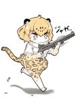  animal_ears animal_print blonde_hair blush bow bowtie casing_ejection center_frills commentary_request elbow_gloves eyebrows_visible_through_hair fur_collar gloves gun high-waist_skirt jaguar_(kemono_friends) jaguar_ears jaguar_print jaguar_tail kemono_friends multicolored_hair nenkou-san running shell_casing short_hair short_sleeves shotgun shotgun_shells skirt solo tail thighhighs translated weapon zettai_ryouiki 