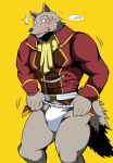  2017 5_fingers anthro bearlovestiger13 black_nose blush bulge canine clothed clothing fangs fundoshi grimoire_of_zero holdem japanese_clothing male mammal muscular muscular_male simple_background solo standing underwear wolf yellow_background 