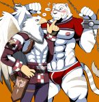  &lt;3 5_fingers abs anthro avian beak bearlovestiger13 bird blush bulge claws clothed clothing duo eagle feline fur grimoire_of_zero male mammal mercenary_(character) nipples pecs striped_fur striped_tail stripes tiger tuft underwear white_fur 