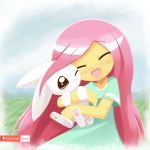  2018 :3 angel_(mlp) blush clothed clothing cute dress duo equestria_girls eyelashes eyes_closed female feral field floppy_ears fluttershy_(eg) friendship_is_magic fully_clothed grass hair holding_character howxu hug human lagomorph long_hair male mammal my_little_pony nude one_eye_closed open_mouth open_smile outside patreon pawpads paws pink_hair portrait rabbit sky smile standing text three-quarter_portrait tongue yellow_skin 