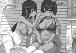  akagi_(kantai_collection) barefoot beach_chair blush breasts commentary_request embarrassed flower greyscale hair_flower hair_ornament kaga_(kantai_collection) kantai_collection large_breasts long_hair monochrome multiple_girls navel shadow shijukara_(great_tit) side_ponytail sitting smile swimsuit yuri 
