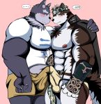  2017 5_fingers abs anthro bearlovestiger13 black_nose blush bulge canine claws duo fangs horkeukamui male male/male mammal muscular muscular_male nipples pecs tokyo_afterschool_summoners tsathoggua tsathoggua_(cthulhu) wolf 