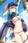  ahoge artoria_pendragon_(all) baseball_cap beach bikini blonde_hair blue_eyes blue_hat blue_sky breasts closed_mouth cloud day fate/grand_order fate_(series) hair_through_headwear hat highres holding holding_lance holding_weapon lance leg_garter looking_at_viewer medium_breasts mysterious_heroine_xx_(foreigner) ocean outdoors polearm ponytail shiguru short_hair shrug_(clothing) side-tie_bikini sky smile solo swimsuit twinmyniad weapon white_bikini_top 