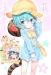  6+girls animal_ears animal_hood aqua_hair bag black_eyes black_hair blue_dress blue_eyes blush brown_eyes brown_hair bucket_hat cat_ears commentary_request dress dress_grab embarrassed ezo_red_fox_(kemono_friends) fox_ears hair_between_eyes hand_on_headwear hat highres hood hood_down jaguar_ears kaban_(kemono_friends) kemono_friends kindergarten_uniform multiple_girls open_mouth sand_cat_(kemono_friends) school_hat serval_(kemono_friends) serval_ears short_hair silver_fox_(kemono_friends) smile tail takahashi_tetsuya translated tsuchinoko_(kemono_friends) wavy_mouth yellow_hat 