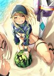  artoria_pendragon_(all) beach bikini blonde_hair blue_eyes blush fate/grand_order fate_(series) food fruit fu-ta glasses grin jacket mysterious_heroine_x_(alter) mysterious_heroine_xx_(foreigner) navel panties shrug_(clothing) side-tie_panties smile squatting swimsuit twinmyniad underwear water watermelon yellow_eyes 