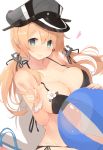  anchor_hair_ornament ball bare_arms beachball bikini black_bikini blonde_hair blush breasts cleavage collarbone commentary_request cowboy_shot eyebrows_visible_through_hair green_eyes hair_between_eyes hair_ornament hair_over_shoulder hat highres kagerou_(shadowmage) kantai_collection large_breasts lips long_hair looking_at_viewer md5_mismatch military_hat navel peaked_cap prinz_eugen_(kantai_collection) side-tie_bikini simple_background sitting smile solo swimsuit twintails v white_background 
