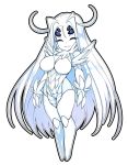  antennae bad_id bad_twitter_id black_outline blue_eyes breasts carapace chibi claws closed_eyes extra_eyes facing_viewer full_body hair_intakes highres insect_girl large_breasts legs_together long_hair monster_girl no_feet nude original scleriteaeaeaggadah slugbox smile solo standing very_long_hair white_background white_hair white_skin 