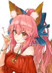  alternate_costume alternate_hairstyle animal_ear_fluff animal_ears bare_shoulders blue_ribbon breasts casual fate/grand_order fate_(series) fox_ears fox_shadow_puppet fox_tail hair_ribbon highres jewelry large_breasts long_hair looking_at_viewer pendant pink_hair ponytail ribbon simple_background solo tail tamamo_(fate)_(all) tamamo_no_mae_(fate) utayoi_(umakatare) white_background yellow_eyes 