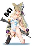  alternate_costume alternate_hairstyle animal_ears arm_strap assault_rifle bangs black_gloves blonde_hair blue_eyes blush braid breasts character_name checkered_ribbon cleavage collarbone commentary_request covered_navel eyebrows_visible_through_hair fang_out g41_(girls_frontline) girls_frontline gloves groin gun h&amp;k_g41 hair_between_eyes hair_ornament hair_ribbon heterochromia highres holding holding_gun holding_weapon ihobus kneeling long_hair looking_at_viewer low_twintails one-piece_swimsuit red_eyes ribbon rifle school_swimsuit side_braid single_thighhigh small_breasts smile solo swimsuit symbol-shaped_pupils thighhighs twintails very_long_hair water_gun weapon wet white_ribbon white_swimsuit 