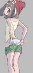  ass bare_shoulders beanie black_eyes black_hair blue_panties blush breasts chorimokki commentary_request dressing from_behind green_shorts grey_background hat looking_back mizuki_(pokemon) panties poke_ball_symbol poke_ball_theme pokemon pokemon_(game) pokemon_sm red_hat shirt short_hair short_shorts shorts simple_background sleeveless sleeveless_shirt small_breasts solo standing underwear watch wristwatch yellow_shirt 