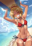  beach bikini blonde_hair blush closed_eyes cloud commentary_request cowboy_shot day fate/grand_order fate_(series) front-tie_top gia_kon hair_ornament hair_scrunchie mordred_(fate)_(all) mordred_(swimsuit_rider)_(fate) navel ocean ponytail prydwen red_bikini red_scrunchie scrunchie side-tie_bikini smile solo surfboard swimsuit tan tanline 