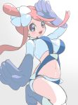  arm_up blue_eyes blue_footwear blue_gloves blue_shirt blue_shorts blush boots breasts chorimokki commentary_request crop_top fuuro_(pokemon) gloves grey_background gym_leader hair_ornament happy knee_boots large_breasts leg_up looking_at_viewer midriff navel open_mouth poke_ball_symbol pokemon pokemon_(game) pokemon_bw red_hair salute shiny shiny_hair shirt short_shorts shorts simple_background smile solo standing standing_on_one_leg teeth tied_hair topknot 