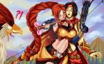  1boy 1girl armpits arrow bandana bird black_hair blush bow_(weapon) bracer braid braided_ponytail breasts cassie_(paladins) commentary crossbow english_commentary fantasy ferenand flirting framed_breasts gold_trim green_eyes large_breasts long_hair long_ponytail miniskirt navel paladins red_hair sha_lin shorts shorts_under_skirt skirt very_long_hair watermark weapon 