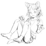  animal_ears boyshorts cat_ears cat_tail fangs fingernails fish_hair_ornament full_body greyscale hair_bobbles hair_ornament hairclip highres looking_at_viewer monochrome original realistic sharp_fingernails shirt short_hair short_sleeves simple_background slit_pupils smile socks solo tail tunapon01 white_background 