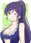  ;d alternate_hairstyle bangs bare_shoulders bikini bikini_top blue_bikini blue_vest blush breasts cleavage collarbone frilled_bikini frills front-tie_bikini front-tie_top green_eyes grin hair_bobbles hair_ornament high_ponytail long_hair looking_at_viewer love_live! love_live!_school_idol_project medium_breasts one_eye_closed open_mouth ponytail purple_hair ribbon shibasaki_shouji smile solo sparkle_background striped striped_ribbon swept_bangs swimsuit teeth toujou_nozomi two-tone_background upper_body very_long_hair vest 