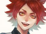  :d bangs collared_shirt commentary_request fangs inazuma_eleven inazuma_eleven_(series) looking_at_viewer male_focus murasaki_(fioletovyy) nagumo_haruya open_mouth portrait red_hair red_lips shirt smile solo spiked_hair symbol-shaped_pupils white_background wing_collar yellow_eyes 