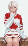  2018 bangs blue_eyes brick canadian_flag clothes_writing commentary english english_commentary expressionless finger_to_mouth grey_background grey_hair hair_between_eyes hand_up highres jersey lips long_sleeves looking_at_viewer no_pants nose number original parted_lips sciamano240 short_hair signature simple_background sitting sleeves_past_wrists solo 