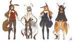  animal_ears bare_arms bare_shoulders between_breasts black_neckwear blue_eyes blue_leotard bone bow bowtie breasts brown_eyes brown_hair bunny_ears bunny_girl bunnysuit claws coat colho_(lansane) commentary_request covered_navel detached_collar extra_arms fake_animal_ears grey_hair grey_legwear grin hair_between_eyes hairband heterochromia high_heels highres hood hood_up lansane leotard lineup long_hair long_legs long_sleeves looking_at_viewer low_twintails medium_breasts monster_girl multiple_girls necktie off_shoulder orange_hair original pantyhose pigeon-toed quadriri_(lansane) red_footwear red_leotard ribbon scar side-tie_leotard signature simple_background smile standing stitches tail tail_ribbon tentacles thighband_pantyhose tsana_(lansane) twintails vararia_(lansane) very_long_hair white_background white_leotard wings wolf_tail wrist_cuffs yellow_neckwear 