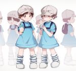  &gt;_&lt; :d backpack bag bangs blue_shirt blush boots captain_yue character_name closed_eyes closed_mouth clothes_writing eyebrows_visible_through_hair flat_cap flying_sweatdrops grey_background grey_hat hat hataraku_saibou holding looking_at_viewer male_focus multiple_boys open_mouth platelet_(hataraku_saibou) profile red_eyes shirt short_shorts short_sleeves shorts simple_background smile standing striped striped_footwear white_footwear white_shorts |_| 