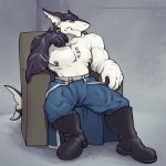  anthro boots chair clothed clothing fish footwear male marine muscular muscular_male nipple_piercing nipples pecs piercing scar shark sitting solo tokaido topless 
