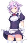  ;p alternate_costume apron blush commentary_request cowboy_shot d-pad d-pad_hair_ornament daiaru dress dress_lift enmaided gloves hair_between_eyes hair_ornament lifted_by_self looking_at_viewer maid maid_headdress neptune_(choujigen_game_neptune) neptune_(series) one_eye_closed panties puffy_short_sleeves puffy_sleeves purple_eyes purple_hair short_hair short_sleeves simple_background solo striped striped_panties thighhighs tongue tongue_out underwear waist_apron white_apron white_background white_gloves 