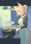  animal_ears apron batta_(kanzume_quality) black_choker black_sweater blue_eyes choker chopsticks cooking fox_ears fox_girl fox_tail fox_wife_(batta_(kanzume_quality)) from_side frying_pan half-closed_eyes holding kitchen letterboxed long_sleeves nib_pen_(medium) original solo stove sweater tail traditional_media 