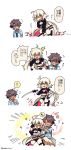  1girl 4koma ahoge ahoge_wag bandaged_arm bandages bikini blonde_hair blue_eyes blush brown_hair check_translation chuunibyou comic commentary_request expressive_hair eyepatch fate/grand_order fate_(series) fujimaru_ritsuka_(male) highres jeanne_d'arc_(alter_swimsuit_berserker) jeanne_d'arc_(fate)_(all) katana nabenko shrug_(clothing) swimsuit sword tan translation_request tropical_summer twitter_username weapon white_background yellow_eyes 